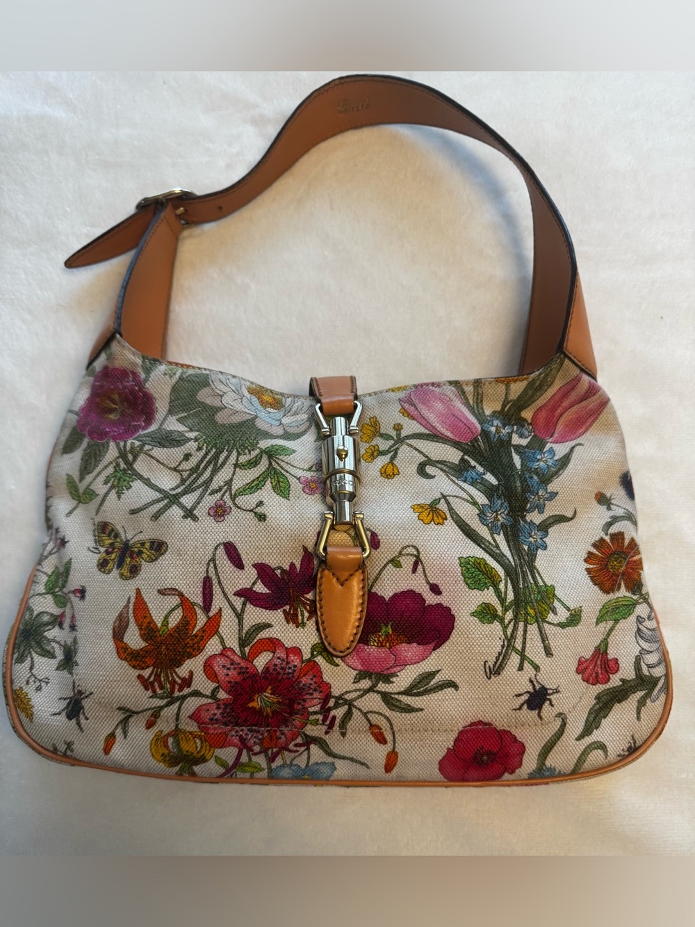 Gucci Flora Jackie Canvas Shoulder Bag Botanical Print Leather Hobo Authentic